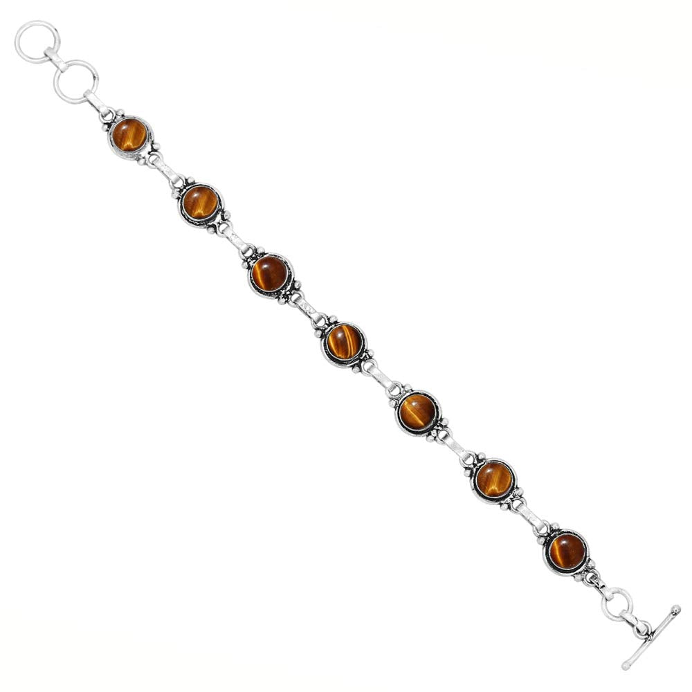 Natural Tiger Eye 925 Silver Plated Round Gemstone Adjustable Bracelet for Women - November Birthstone Bohemian Vintage Style Handmade Jewelry Bracelet - Gift for Her