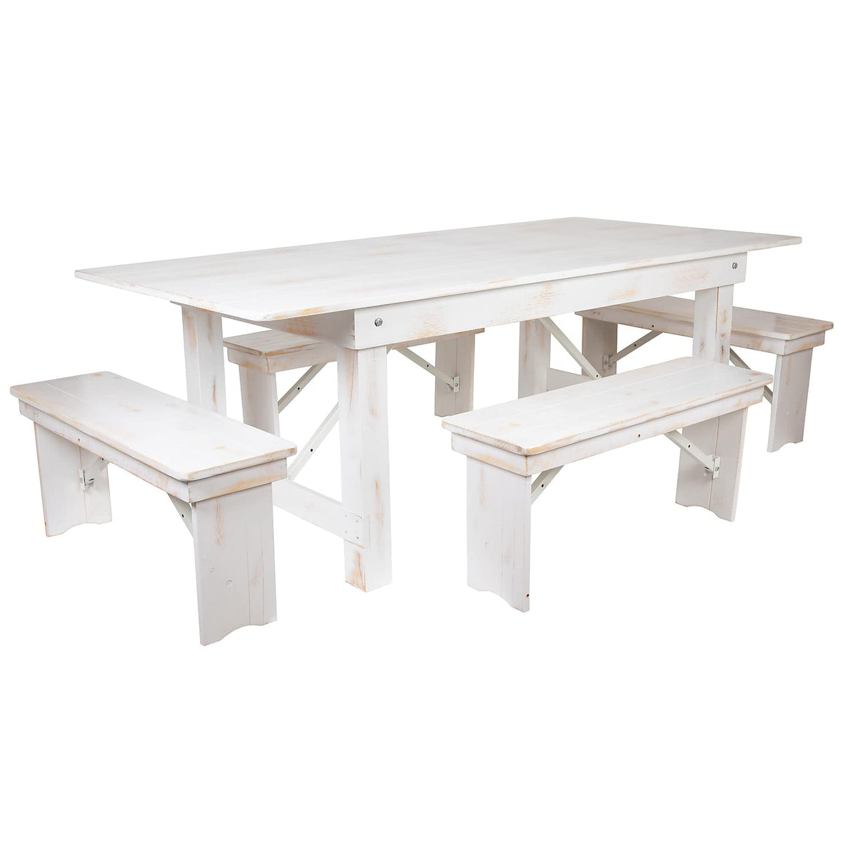 Flash Furniture HERCULES Series 7' x 40" Antique Rustic White Folding Farm Table and Four Bench Set