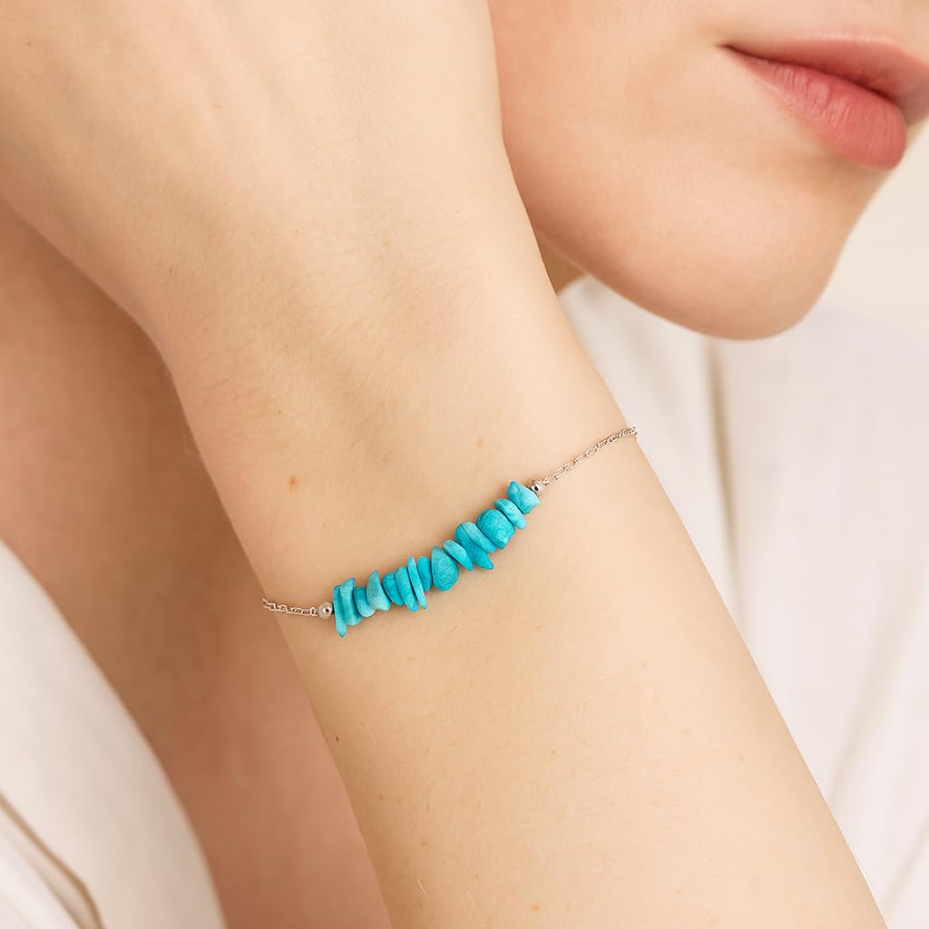 Gemimpression Handmade Amazonite Chips Bar Bracelet – Natural Energy Healing Crystals – Silver Plated Adjustable 8 Inch Chain – Christmas Gift