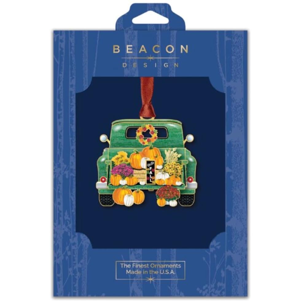 Beacon Design Truck with Pumpkins Hanging Ornaments - Autumn Tree Ornament, 100% Brass Pumpkin Keepsake Gift, Green and Orange Fall Decor, Shatterproof Christmas or Home Decorations, Made in USA