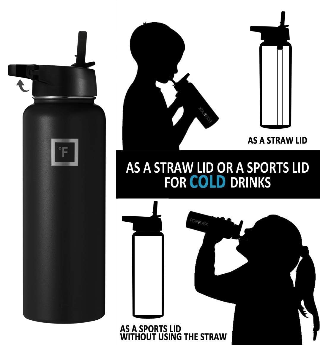 IRON °FLASK Carabiner Straw Lid for Wide Mouth Insulated Sports Water Bottles, Simple BPA Free, 2 Lids, 4 Straws, 2 Cleaning Brushes (Black)
