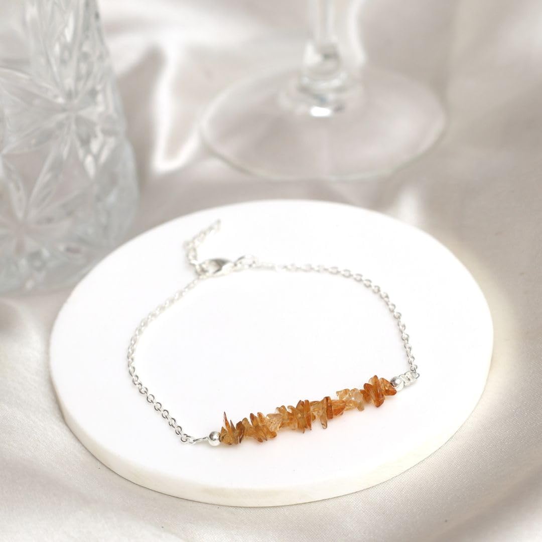 Gempires Natural Gemstone Chip Bar Bracelet for Women, Crystal Healing Bracelet, Multiple Gemstone Options, Adjustable Yellow Gold Plated Chain (7” + 1” Extender), Dainty Stackable Jewelry Gift for Her (Citrine)