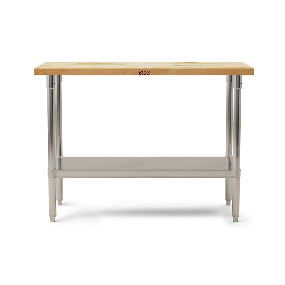 John Boos Maple Wood Top Work Table, 48”x24”x36” – 1.5” Thick Tabletop, 86-lb Kitchen Station with Wooden Edge-Grain Table & Steel Base, & Adjustable Shelf