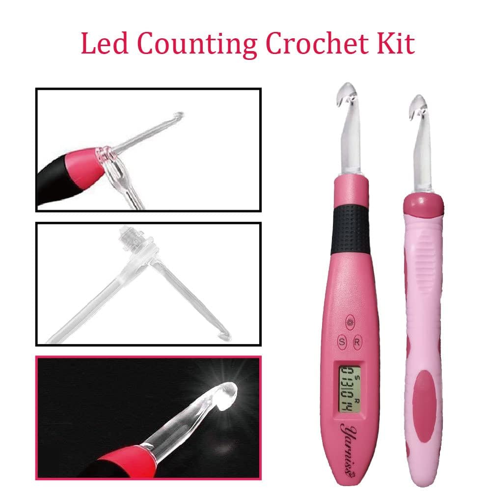 Yarniss 17 Size Counting Crochet Hooks Set, Light Up Crochet Hooks for Stitch&Row Counter and Blocking Mats for Knitting&Crochet Project, Thickened Blocking Board with Grid Line&T-Pins