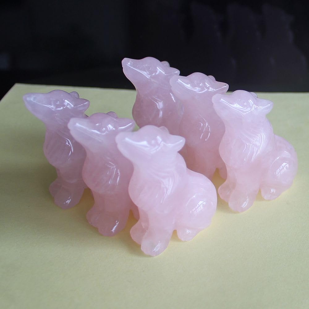HLbshi Hand Carved Gemstone Crystal Wolf Figurine Animal Statue Carving Office Home Decor Collections 2'' (Pink Rose Quartz)