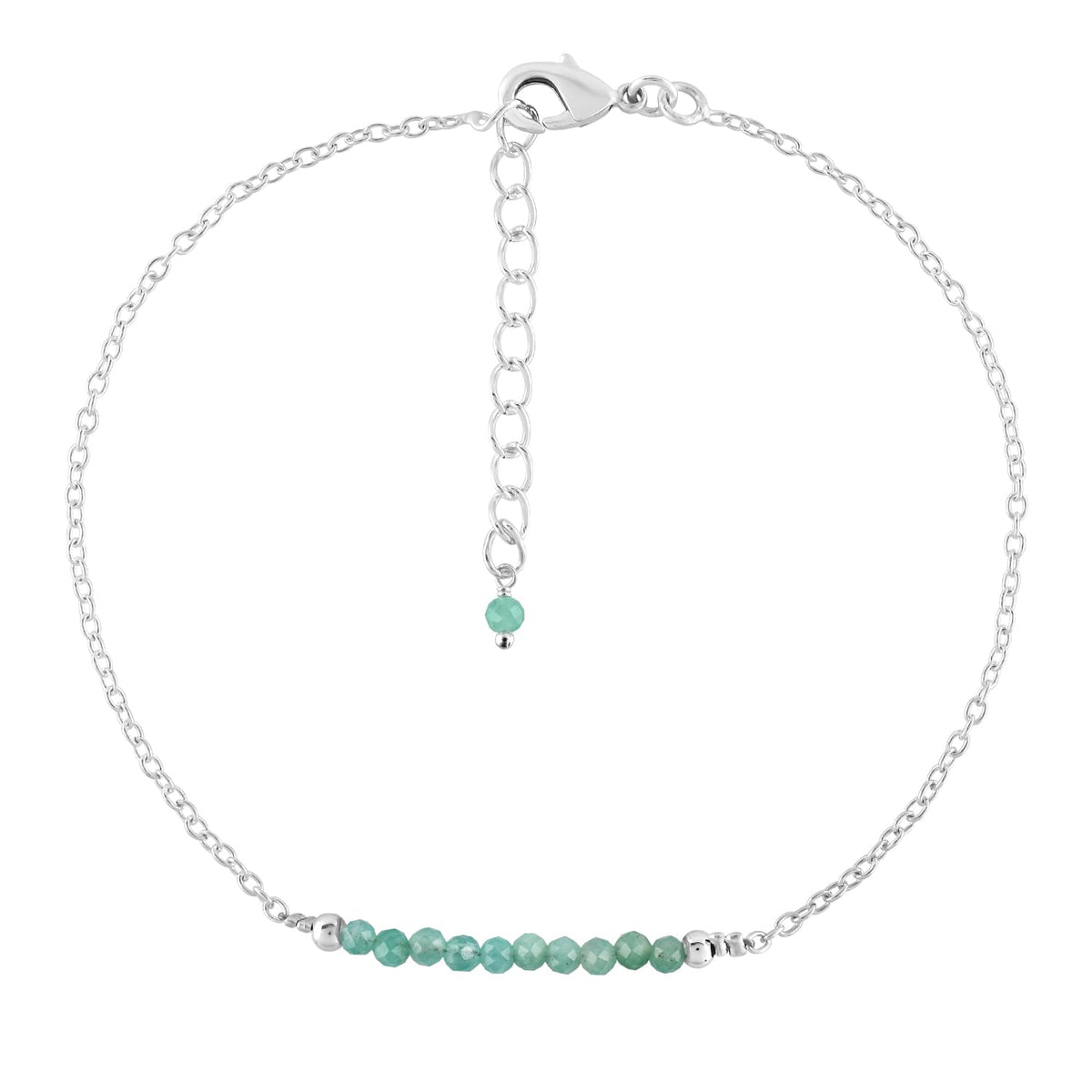 YANARA Emerald Ankle Bracelets for Women, Waterproof Anklets For Women, Natural May Birthstone Green Beaded Dainty Boho Summer Beach Jewelry, 9”+1.25” Adjustable Silver Plated Chain, Non Tarnish Foot Jewelry