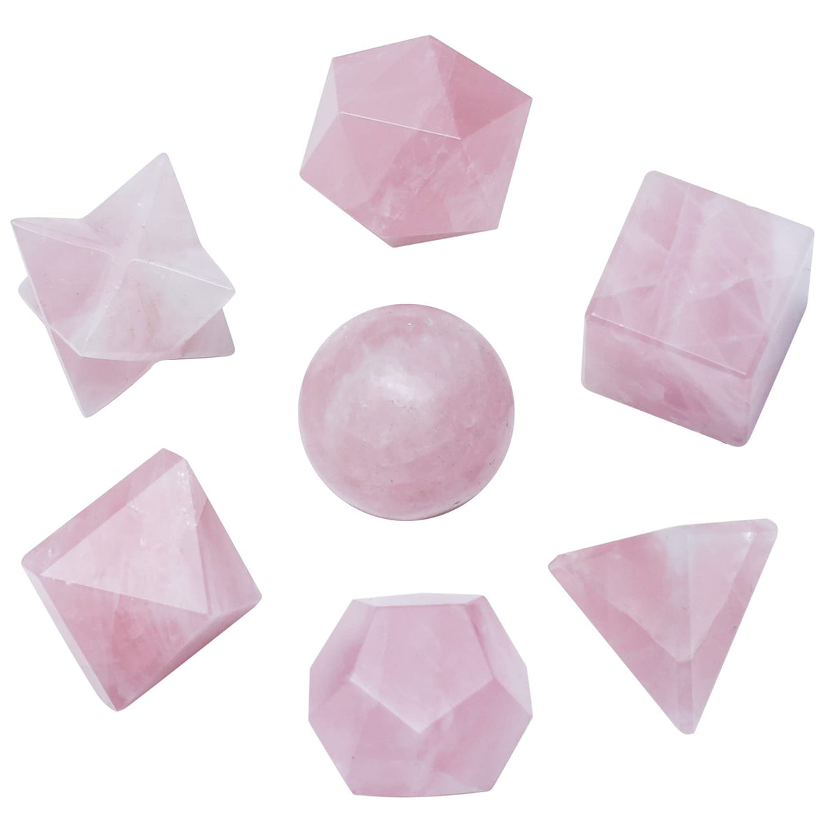 Crocon Rose Quartz 7Pcs Platonic Solids Crystal Geometry Set, Platonic Solids Sacred Geometric Stones for Meditation Reiki Balancing Healing Chakra Stone Cleansing Spiritual Good Luck (15-20mm)