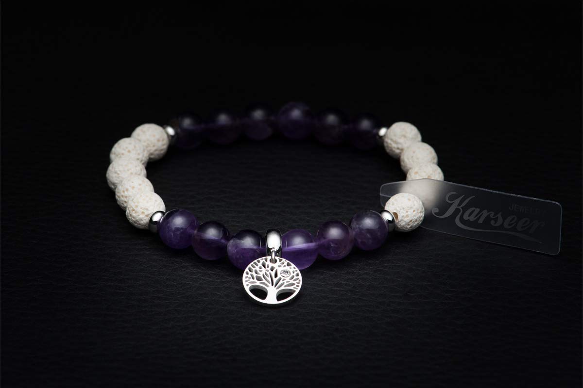 Karseer Tree of Life Charms Gemstone Beaded Bracelet Natural Crystal Amethyst White Lava Rock Essential Oil Diffuser Aromatherapy Bracelet for Women