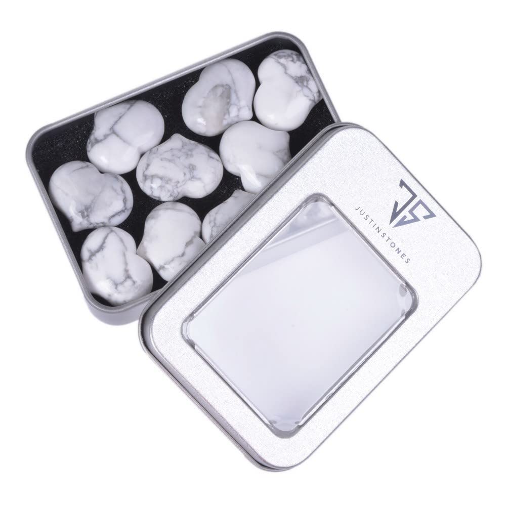 Natural Howlite Gemstone Healing Crystal 1 inch Mini Puffy Heart Pocket Stone Iron Gift Box (Pack of 10)