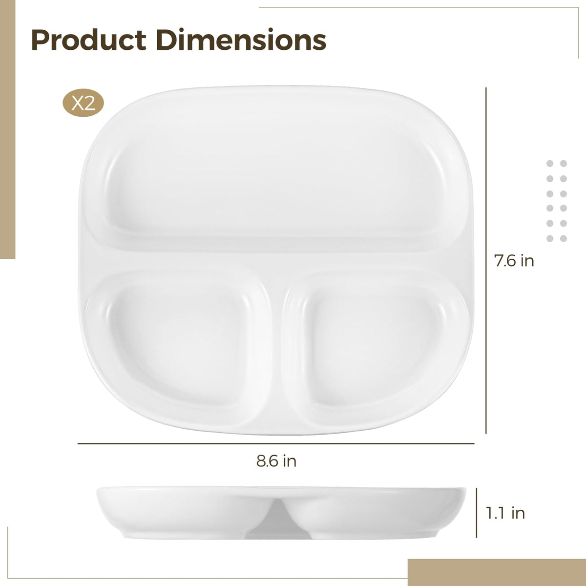 OMISTAR 2 Pcs Ceramic Plates for Kids, 8.5" Divided Plates for Adults, Portion Control Plate, White Ceramic Plate for Balanced Meals, Diabetes and Weight Loss Diet