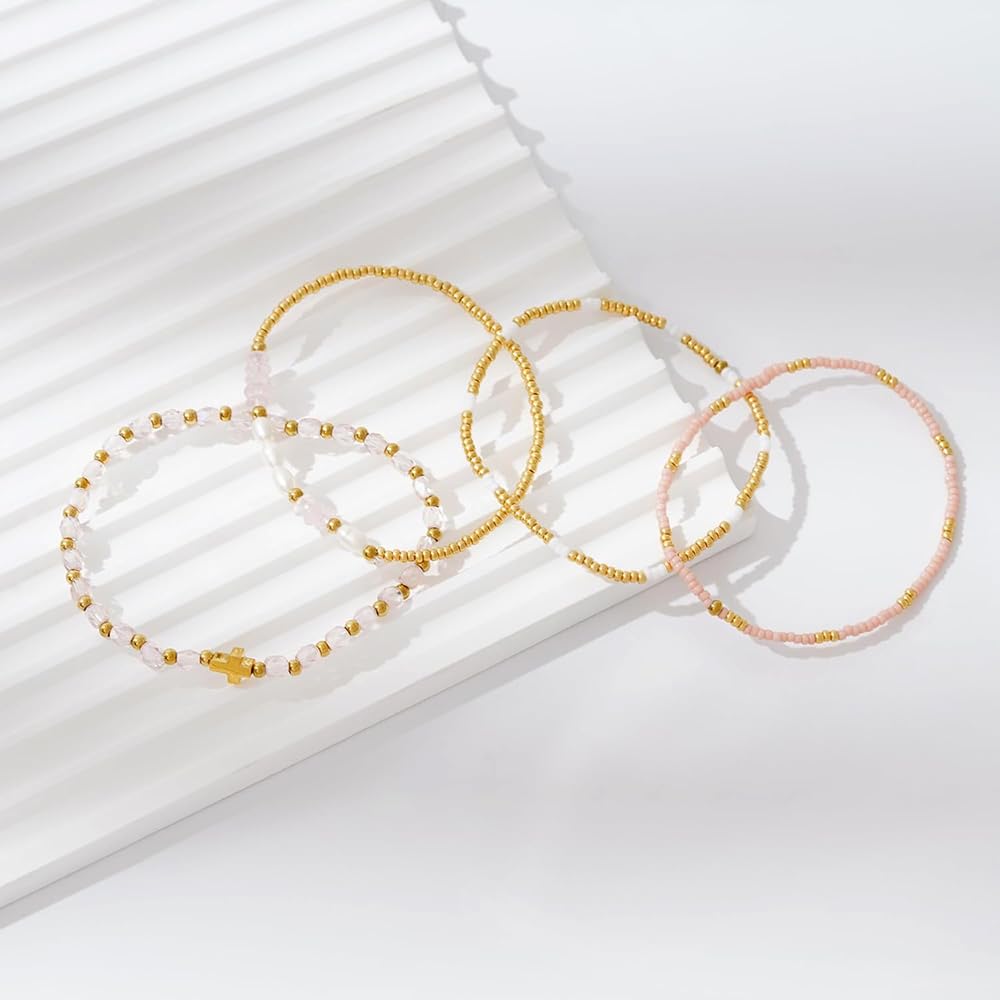 Bohxantium Gold Pearl Crystal Cross Bracelet for Women 14K Gold Plated Beads Pearl Pink Crystal Beaded Bracelet Stack Stretch Stackable Non Tarnish Trendy Jewelry Friendship Christian Gift for Women
