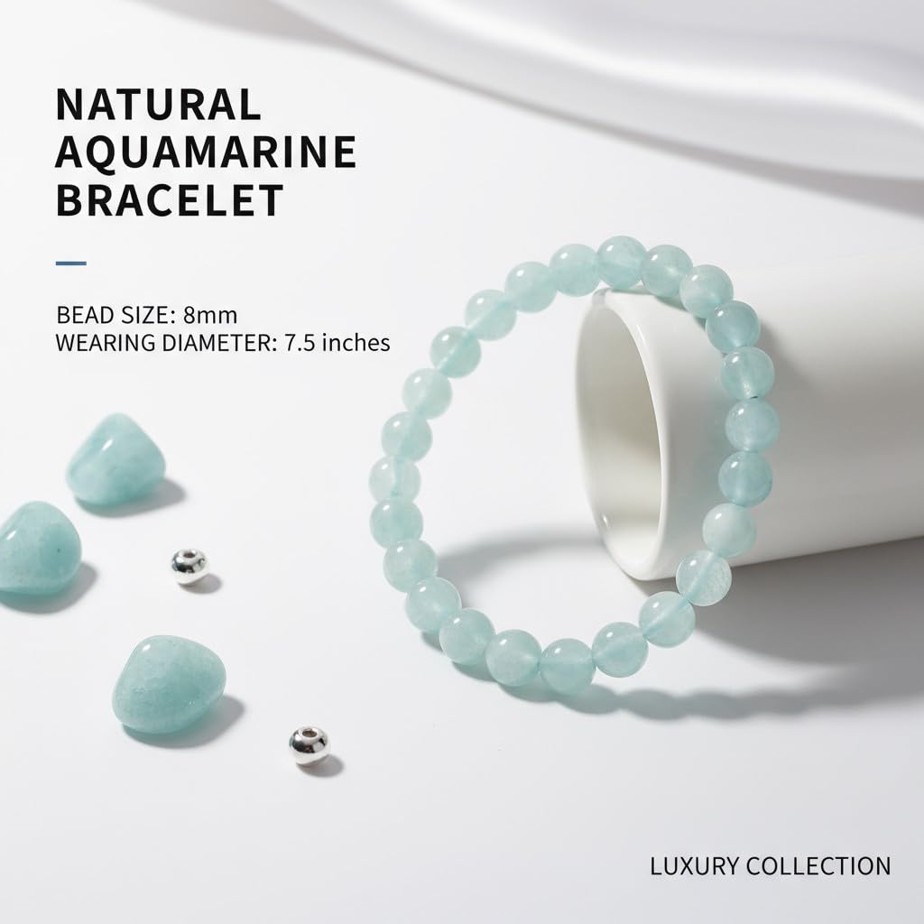 The Vida Handmade AAA+ Quality Crystal Stretch Elastic Bracelet - Nature Gemstone - Jewelry Gift - Holiday Gift - For Women & Men (Aquamarine)