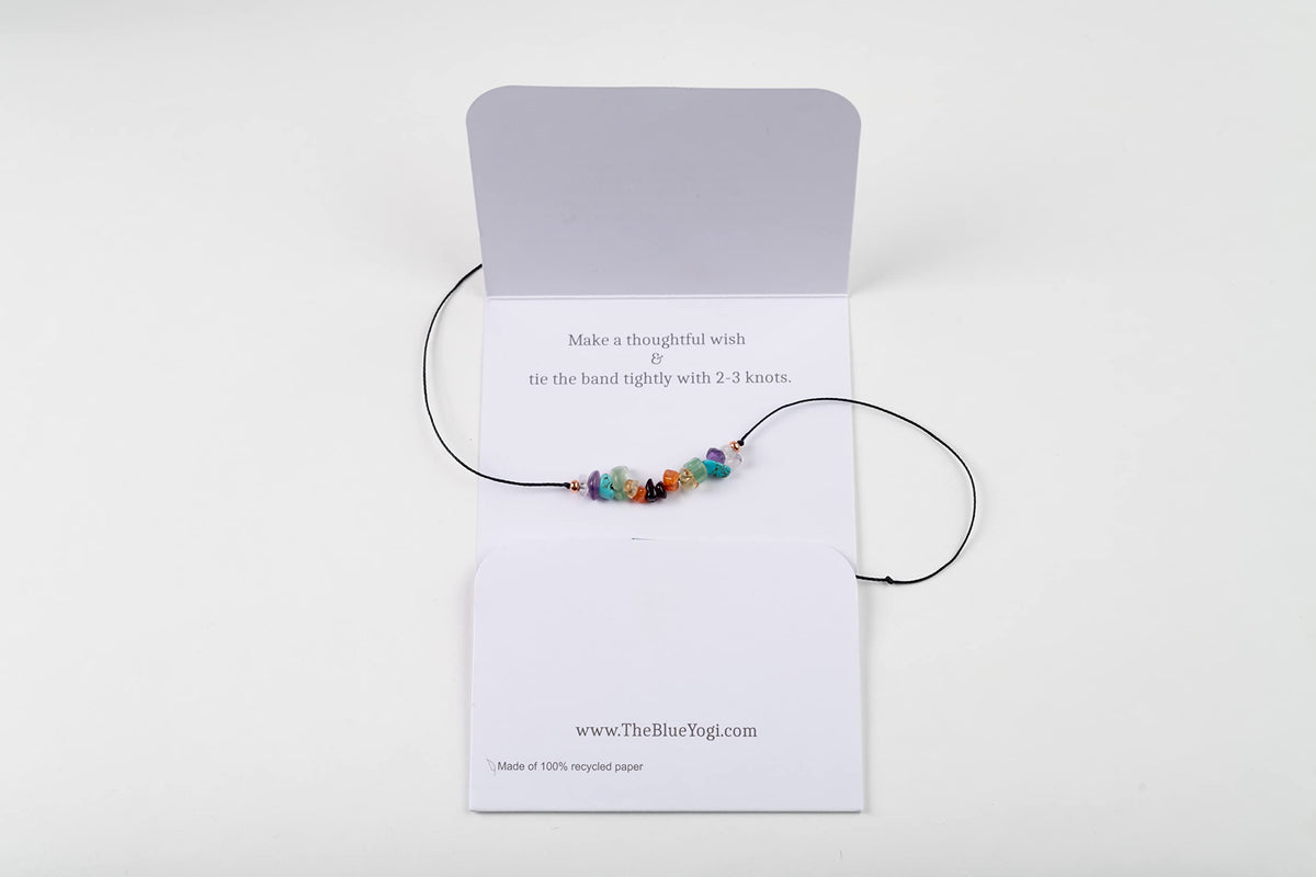 The Blue Yogi Chakra Balance Crystal Bracelet with Natural Gemstone Chips & Copper, Reiki Infused Unisex Yoga Wish Band with Tie Closure