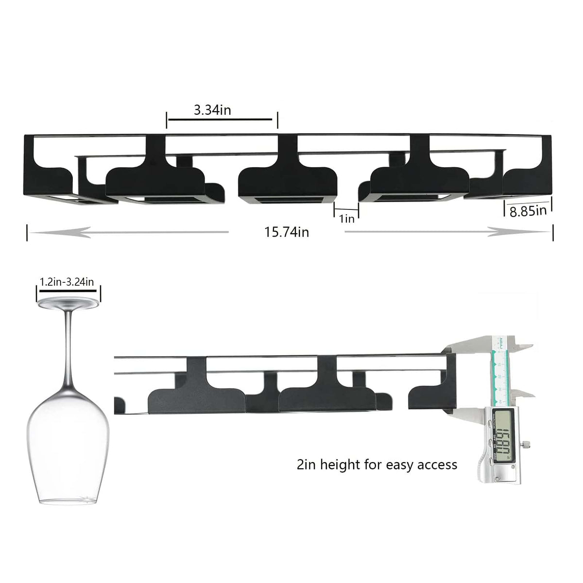 Jbikao Wine Glass Rack - Under Cabinet Stemware Wine Glass Holder Glasses Storage Hanger Metal Hanging Organizer for Bar Kitchen 4 Rows Black