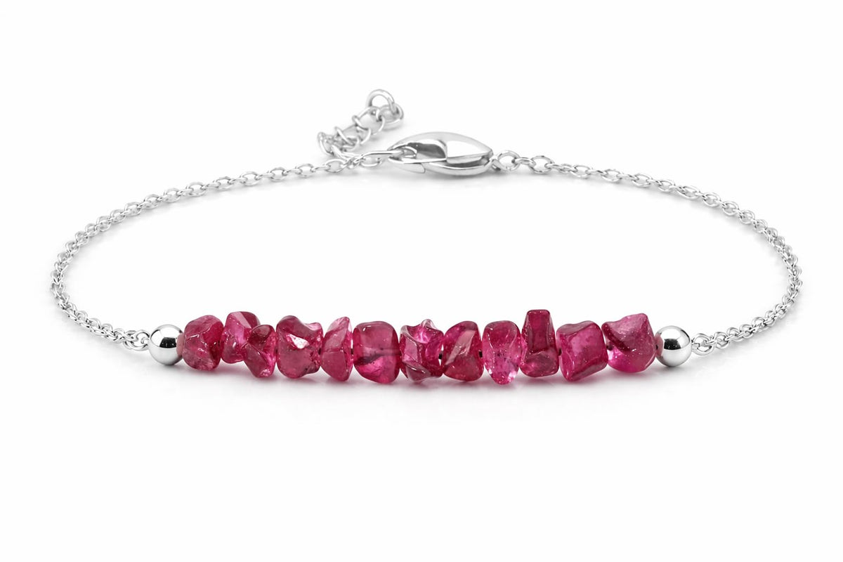 Gempires Natural Gemstone Chip Bar Bracelet for Women, Crystal Healing Bracelet, Multiple Gemstone Options, Adjustable Yellow Gold Plated Chain (7” + 1” Extender), Dainty Stackable Jewelry Gift for Her (Pink Tourmalin)
