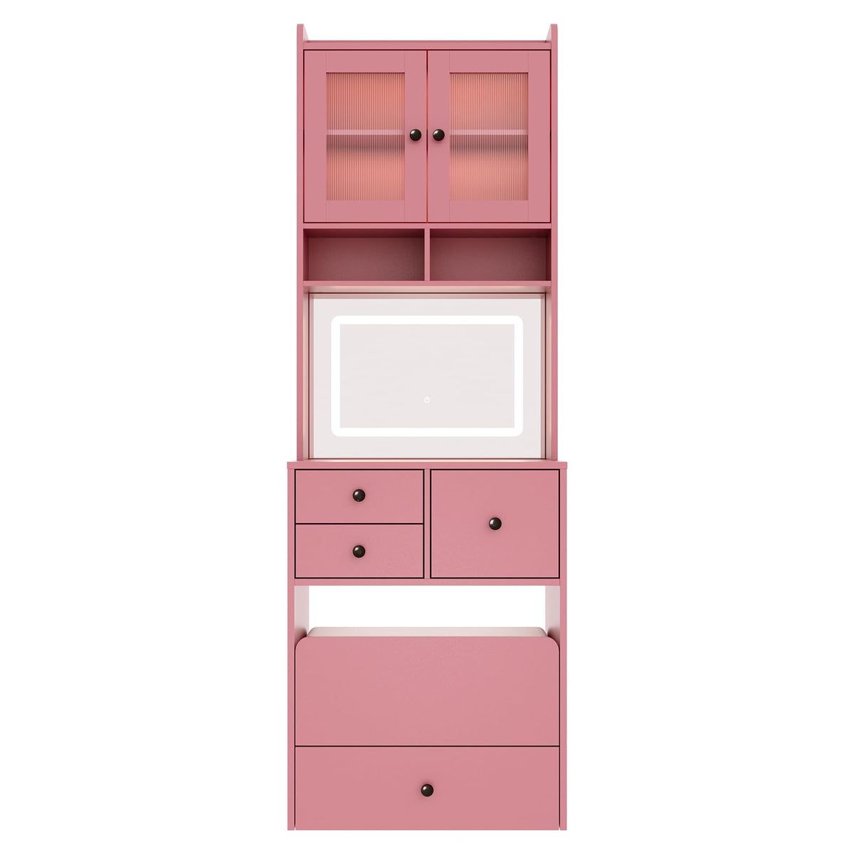 Hetoy 3-in-1 Vanity Desk with Sliding LED Mirror, AC Outlets & USB-C, 4 Drawers, Acrylic Doors, Storage Stool, Cushioned Chair - Complete Makeup Dressing Table Set for Bedroom - Pink