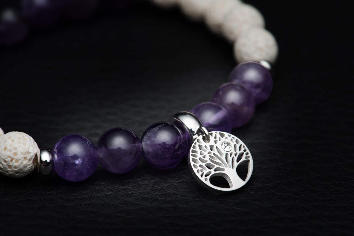 Karseer Tree of Life Charms Gemstone Beaded Bracelet Natural Crystal Amethyst White Lava Rock Essential Oil Diffuser Aromatherapy Bracelet for Women