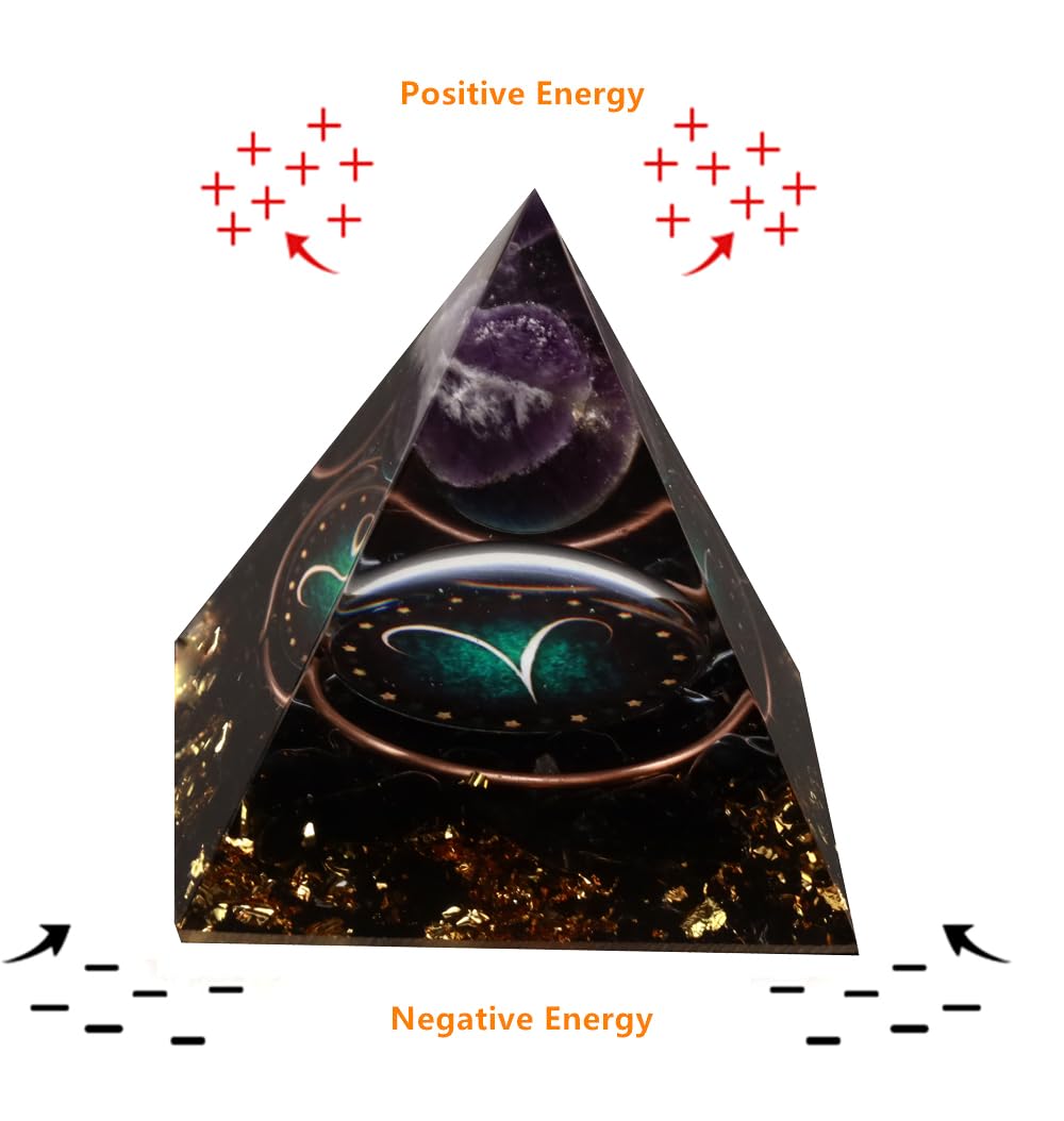 Yogmudra 12 Zodiac Orgone Crystal Pyramid, Natural Amethyst with Obsidian,Healing Crystals Pyramid for Protection Chakra, Unique Constellation Pyramid for Positive Energy, Healing Money Health(Aries)