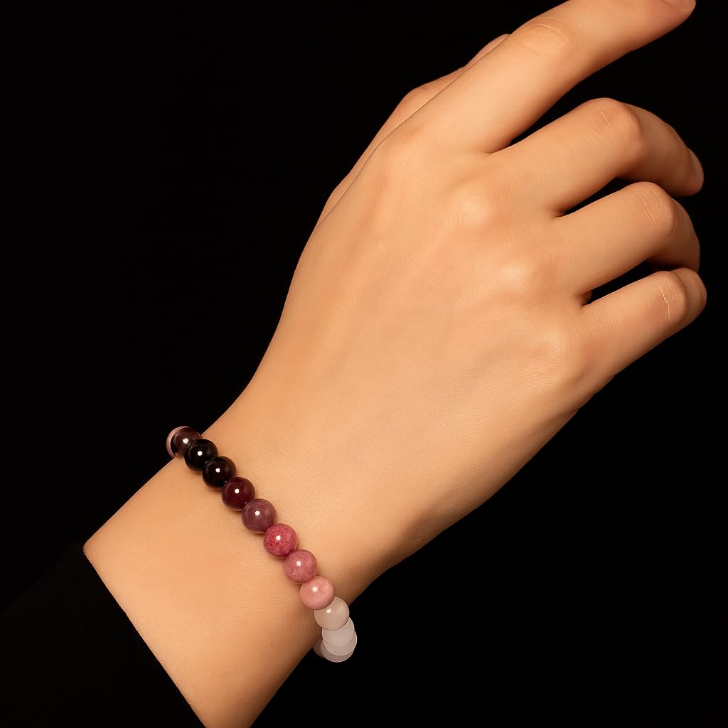 TUQBA Love Energy Crystal Bracelet for Women Garnet, Quartz, Rose Quartz, Rhodonite, Moonstone for Mothers Days Gift, Birthday, Christmas Healing Gemstone Bracelet