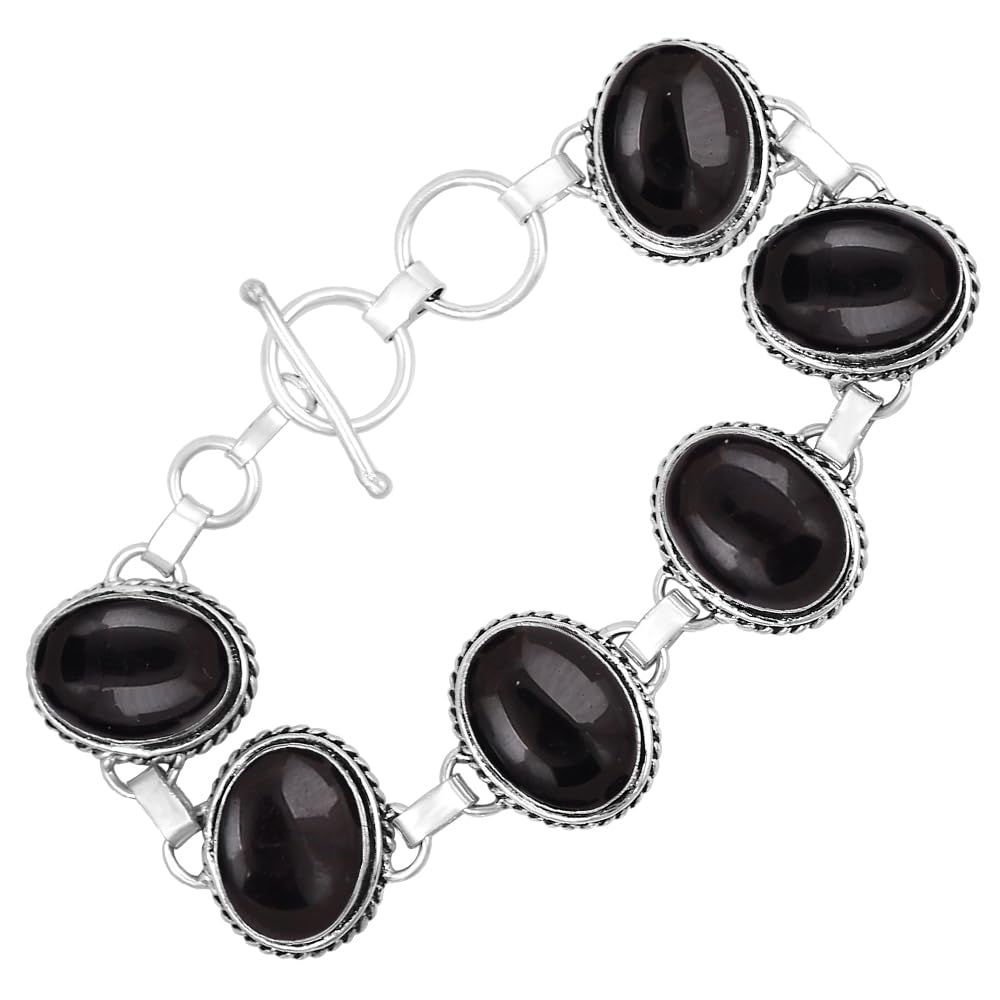Natural Black Onyx Silver Plated Handmade Link Bracelet for Women - July Birthstone Oval Gemstone Adjustable Bracelet Vintage Style Jewelry - Wedding Christmas Gifts for Her