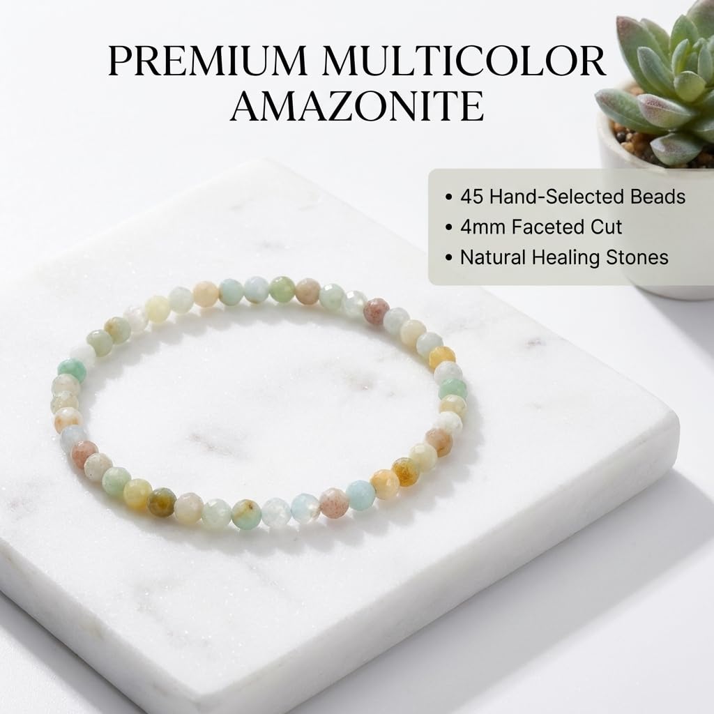 Angelstones Natural Multicolor Amazonite Gemstone Stretch Bracelet, 4mm Faceted Round Beads, Crystal Healing for Women