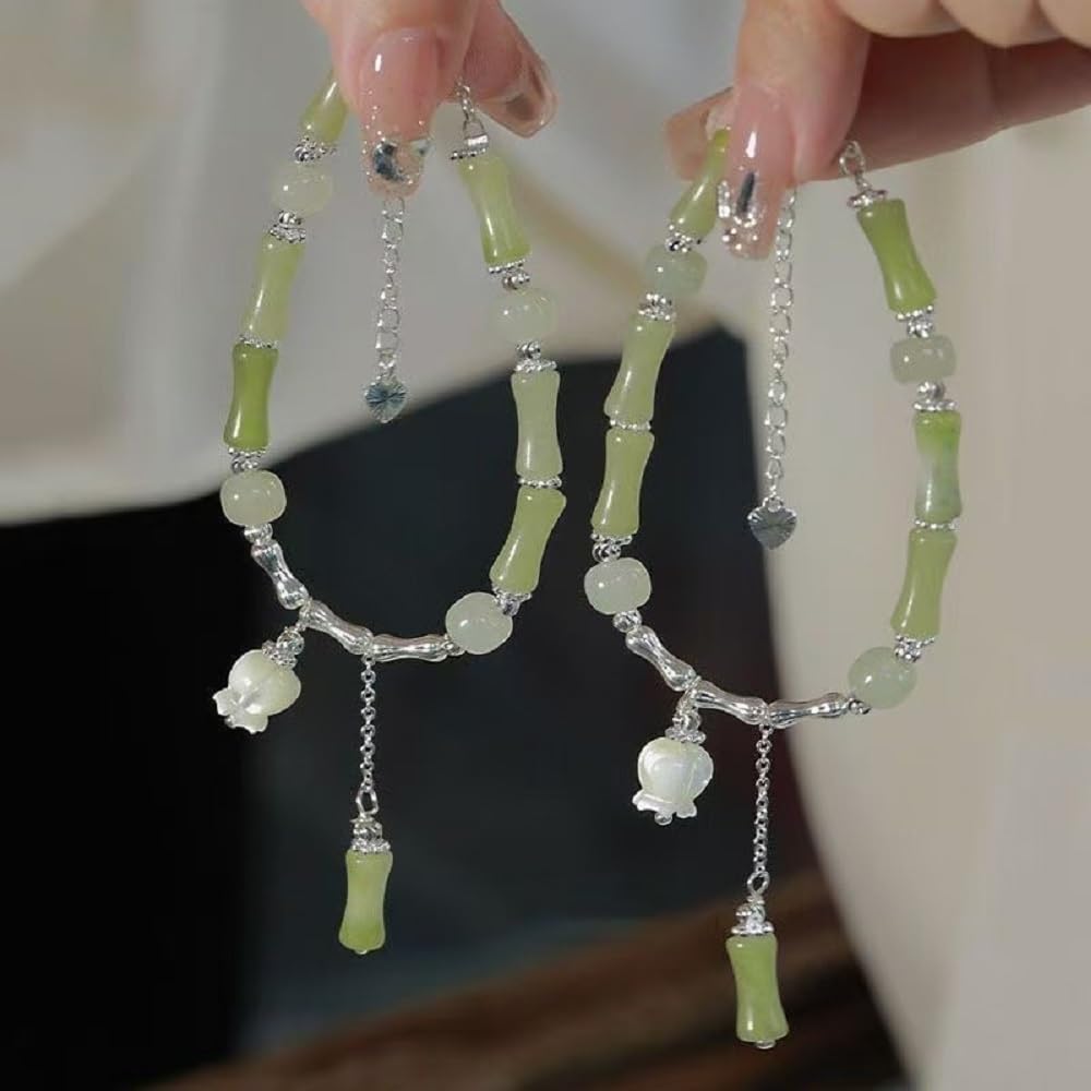 Nyx&lvy Bamboo Beaded New Chinese Style Jade for Women3-Piece Crystal Exquisite Lucky Bracelet Jewelry Elegant Green Jade Beaded Bracelet Set