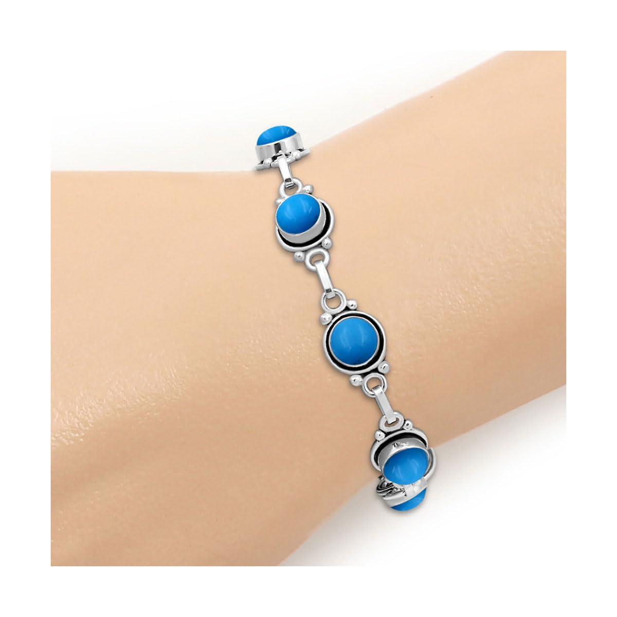 Synthetic Blue Turquoise 925 Silver Plated Adjustable Bracelet for Women - Round Gemstone Bohemian Vintage Style Handmade Link Bracelet - Gifts for Mom Wife Sister Her