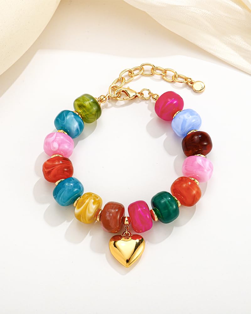 FAUTHENTICUTE Colorful Beaded Bracelets for Women Chunky Rainbow Resin Bead Strand With A Cute Gold Heart Charm Trendy Summer Beach Bracelet Boho Y2k Jewelry Gift