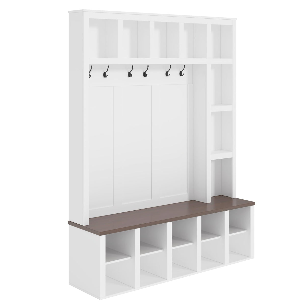 Merax Hall Tree with Bench and Shoe Storage, Farmhouse Wooden Coat Rack with 6 Hooks, Built-in 18 Open Compartments, for Entryway, Living Room, White