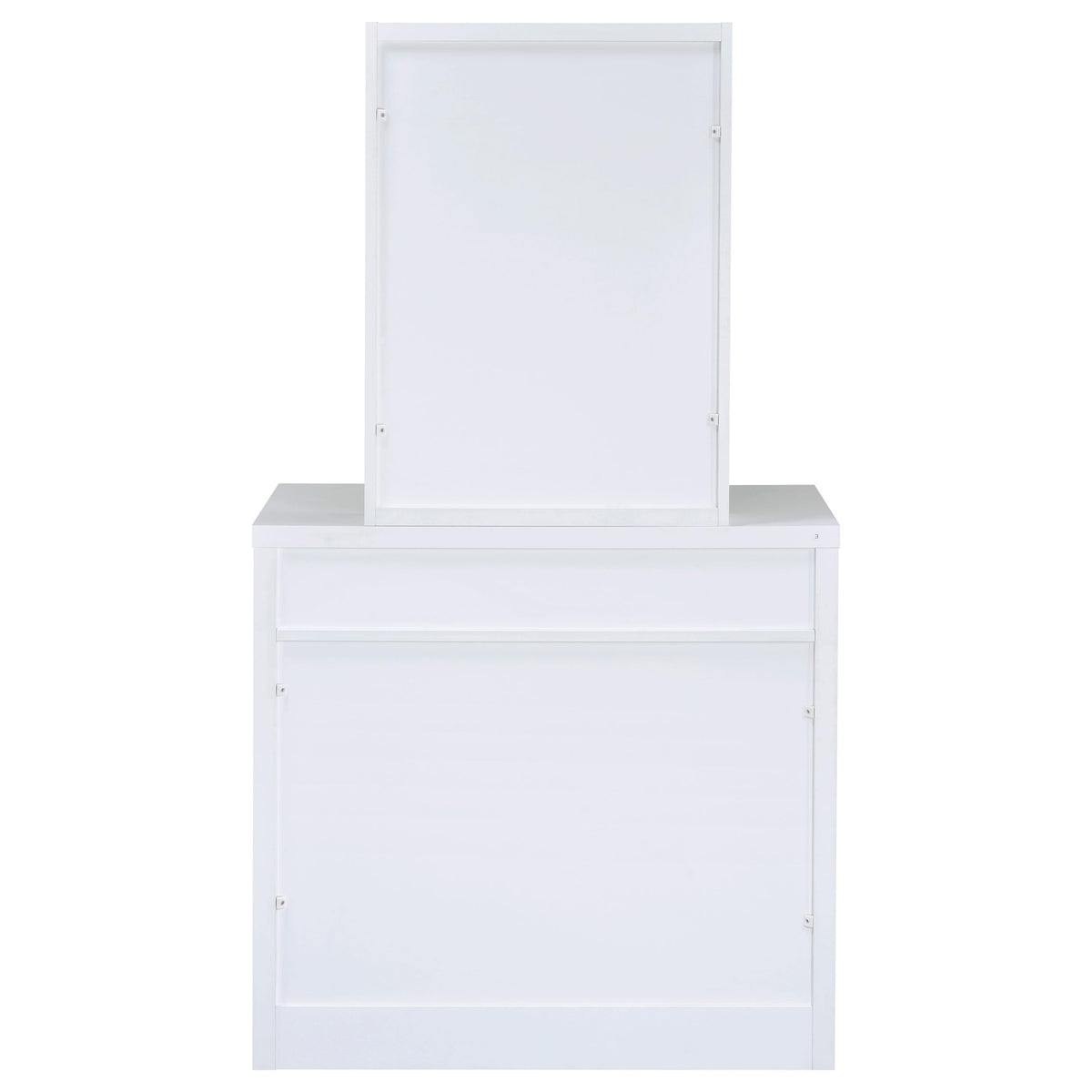Coaster Home Furnishings Harvey Contemporary 3-Piece 1-Drawer Makeup Vanity Desk with Jewelry Storage Vanity Mirror and White Faux Leather Upholstered Storage Vanity Stool White 300290