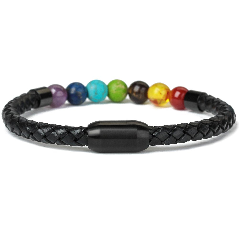 Ckysee 7 Chakra Real Stone Healing Bracelet Genuine Leather Braided with Magnetic Clasp Mens Best Gift Jewelry 8.5"