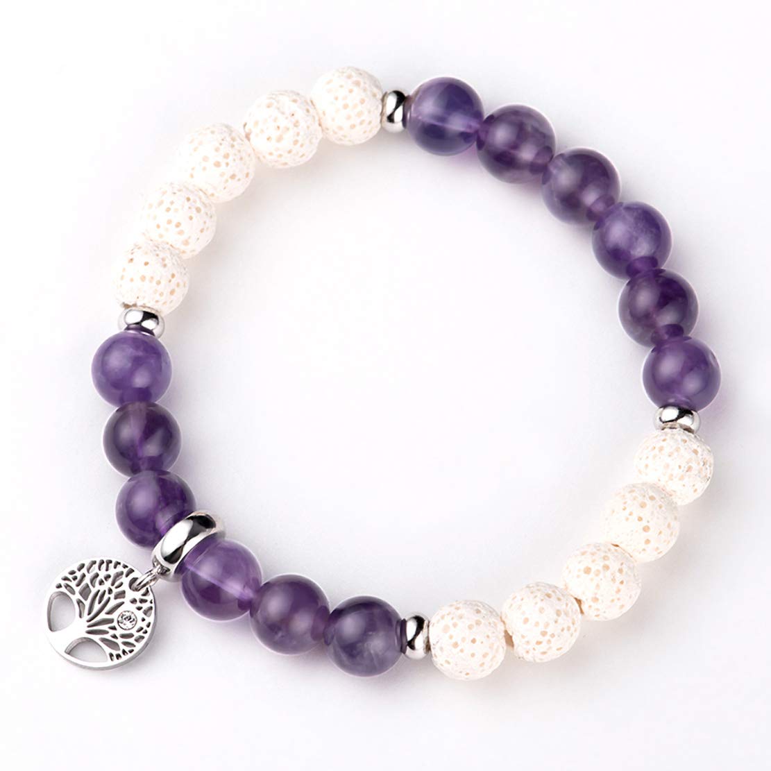 Karseer Tree of Life Charms Gemstone Beaded Bracelet Natural Crystal Amethyst White Lava Rock Essential Oil Diffuser Aromatherapy Bracelet for Women