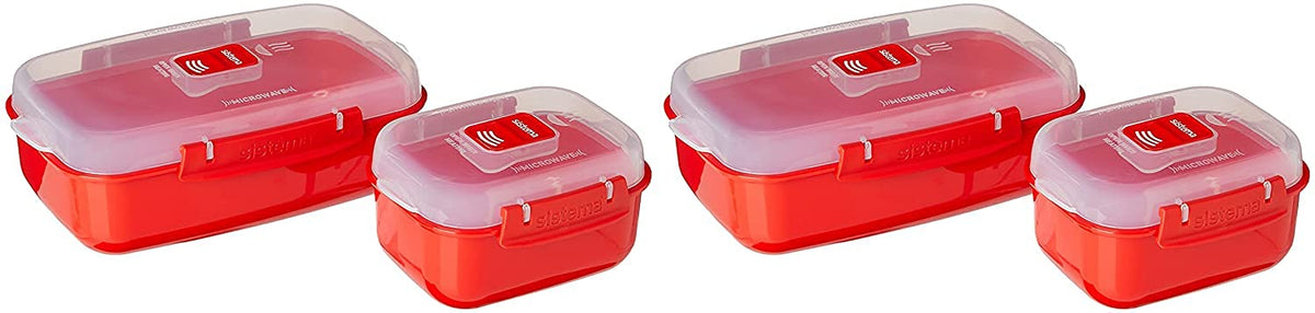 Sistema Heat & Eat Microwave Container Set, 4 Rectangular Microwaveable Food Containers with Lids & Steam Release Vents, Dishwasher & Freezer-Safe Food Storage, 2 x 1.25L & 525mL Sizes, BPA-Free