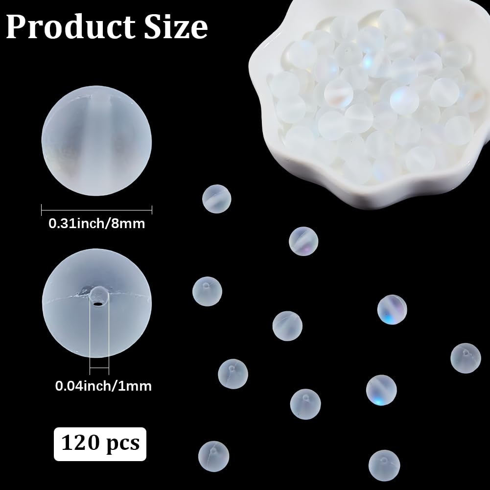 PONABEADIY 1 Box 120PCS 8MM Moonstone Matte Round Beads with Holes Iridescent Frosted White Clear Transparent Gemstone Stone Spacer Loose Bead Bulk for Jewelry Making Necklaces Bracelets DIY Craft