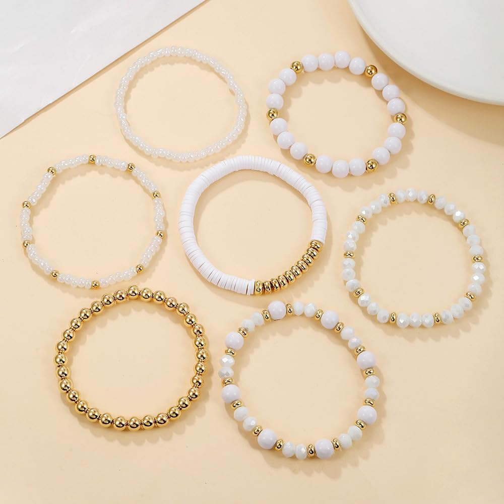 YEOSMINE Boho Heishi Clay Beaded Stretch Bracelets Stack For Women, Preppy Teens Friendship Gold Bracelets Cute Beach Surfer Accessories Bulk Set Trendy Fashion Jewelry