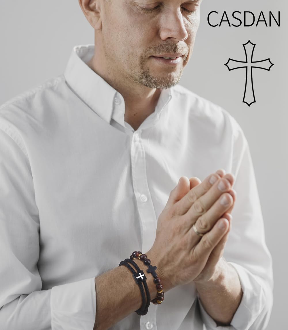 CASDAN 9Pcs Cross Prayer Bracelets for Men 8mm Christian Easter Basket Stuffers Cross Beaded Bracelet Inspirational Faith Based Religious Jesus Bracelets Gifts