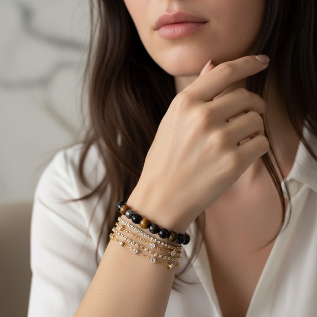 The Vida Handmade AAA+ Quality Crystal Stretch Elastic Bracelet - Nature Gemstone - Jewelry Gift - Holiday Gift - For Women & Men (Tigereye Hermatite BlackOnyx)
