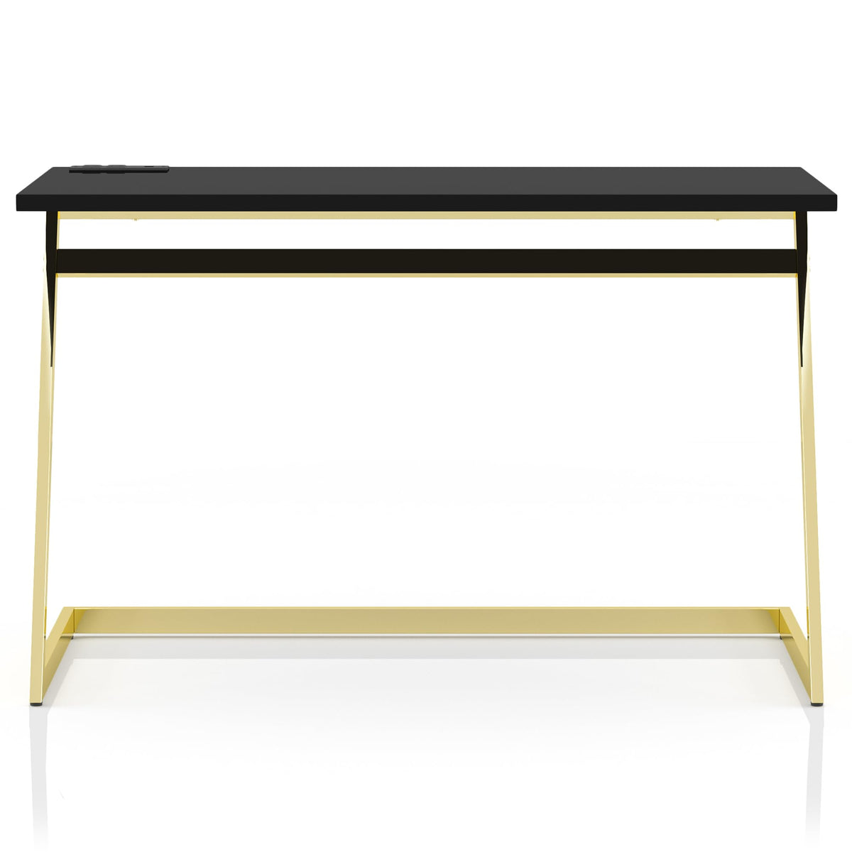 24/7 Shop at Home Ruthetta Modern Metal Writing Desk with USB Port, Power Outlet for Workstation, Home Office, Study Room, Glossy Black and Brass