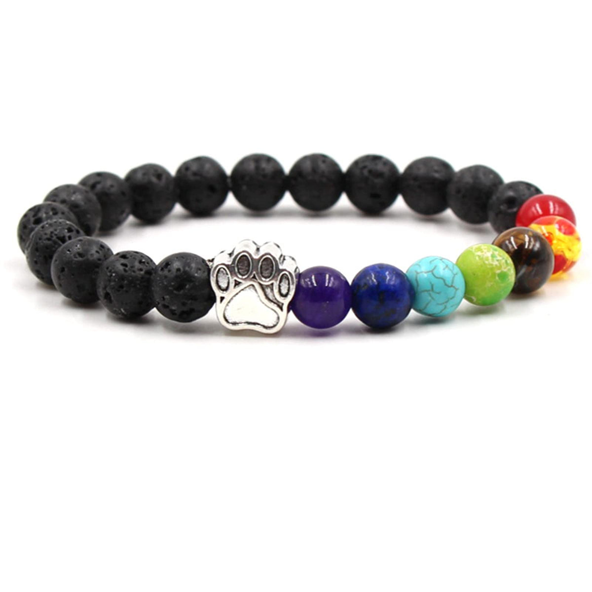 Caiyao 2Pcs 7 Chakra Lava Rock Dog Paw Beaded Bracelet Set for Women Men Natural Stone Tiger Eye Essential Oil Diffuser Stretchy Bracelet Yoga Meditation Jewelry Gift-A black white