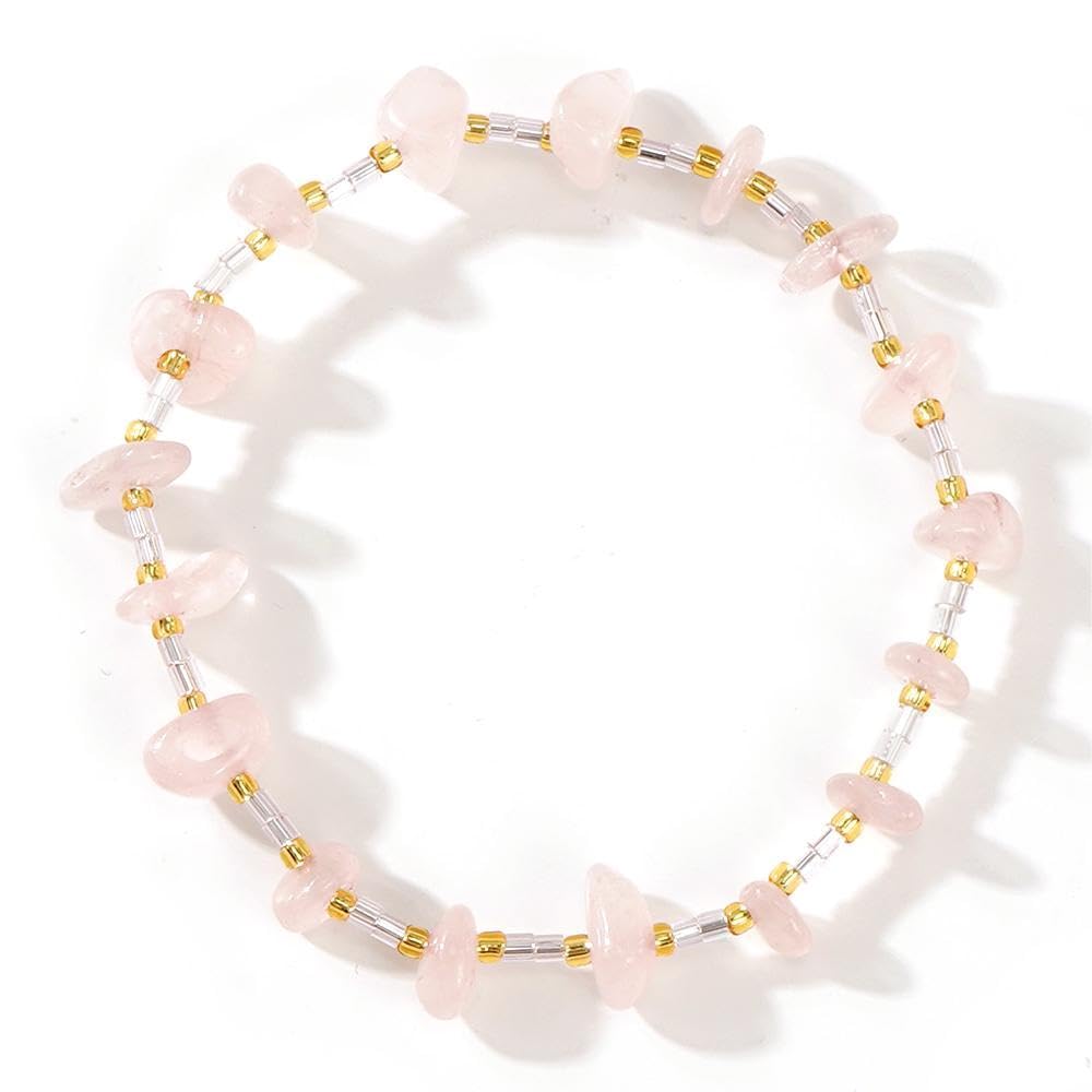 SHINUS BOHO Healing Natural Crystal Beaded Stretch Bracelet for Women,Handmade Boho Irregular Rose Quartz Energy Stones Harmony Love Bracelet Summer Beach Fashion Jewelry Gift Friendship