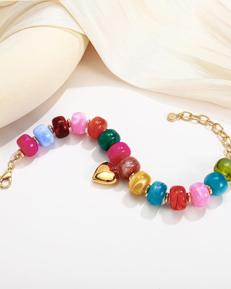 FAUTHENTICUTE Colorful Beaded Bracelets for Women Chunky Rainbow Resin Bead Strand With A Cute Gold Heart Charm Trendy Summer Beach Bracelet Boho Y2k Jewelry Gift