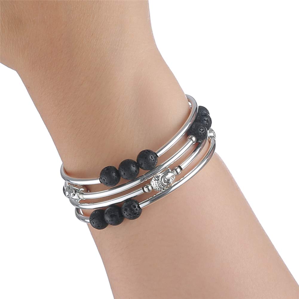 PEARL&CLUB Beaded Chakra Bangle Turquoise Bracelet - Fashion Jewelry Wrap Bracelet with Thick Silver Metal and Mala Beads, Birthday Gifts For Women(58-lava bead)