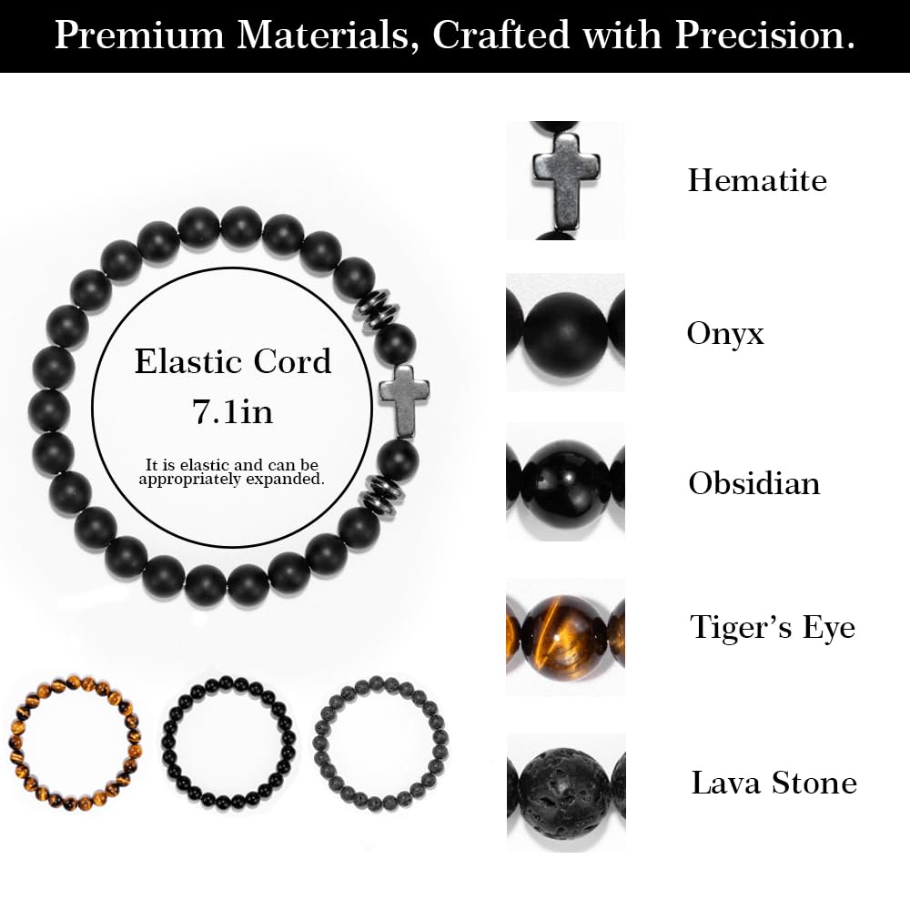 Crystery Men Beaded Bracelets, 8mm Natural Stone Bracelet, Healing Crystal, Jewelry Gifts for men, Triple Protection, Black Onyx, Tiger Eye, Black Obsidian Beads Bracelets, Lava Rock, Pack of 4