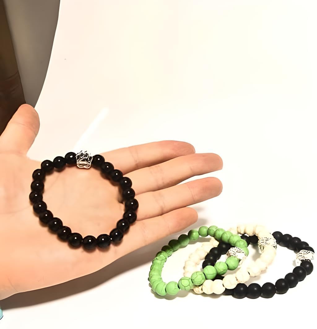 PawsFourLove 7 Chakra Natural Stone Paw Charm Bracelet Lava Rock Mala Beads Elastic Bracelet Yoga Meditation Healing, Dog Puppy Cat Animal Paw Bracelet (Red)