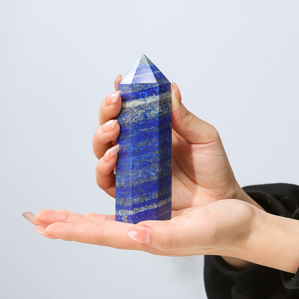 Runyangshi Large Lapis Lazuli Natural Healing Crystal Wand 4.72"-5" Crystals Tower 6 Faceted Single Point Crystal Prism Wand Natural Stones for Meditation Reiki Chakra Therapy Home Decor Gift