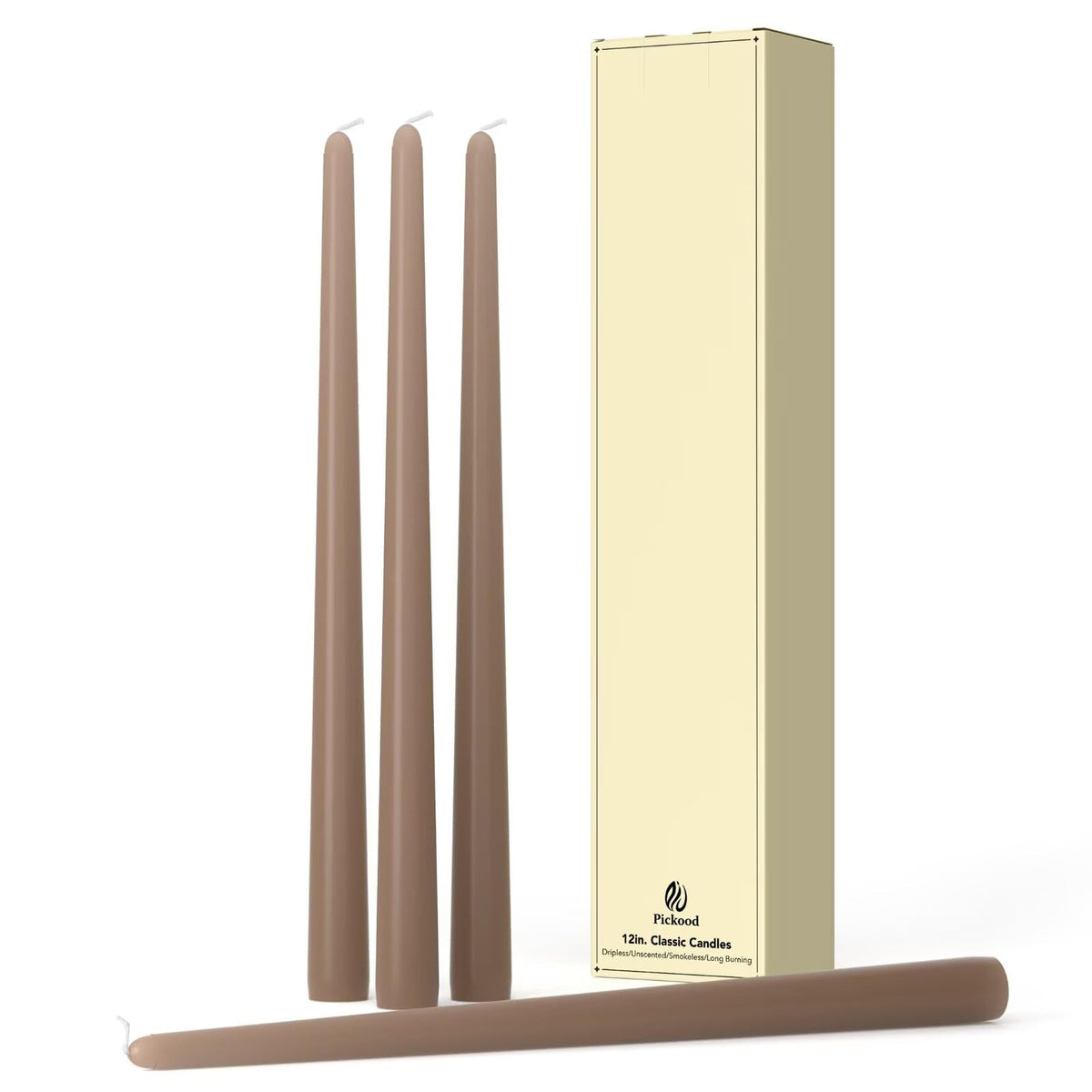 Pickood 12-Inch Tall Dripless Taper Candles Set of 4 - Taupe Tapered Candles, Perfect for Spring - Smokeless, Unscented, Long Burning - Hand Poured, Colored Tall Candlesticks - Gray