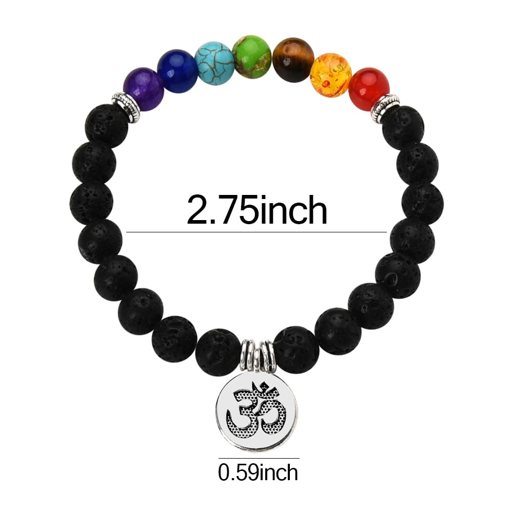 7 Chakra Beaded Bracelet for Women Men Colorful Zen Yoga Accessories Black Lava Rock Bracelets 8mm Chakras Mediation Gifts Healing Crystal Bracelets Elastic Buddhist Om Aum Symbol Pendant Bracelet