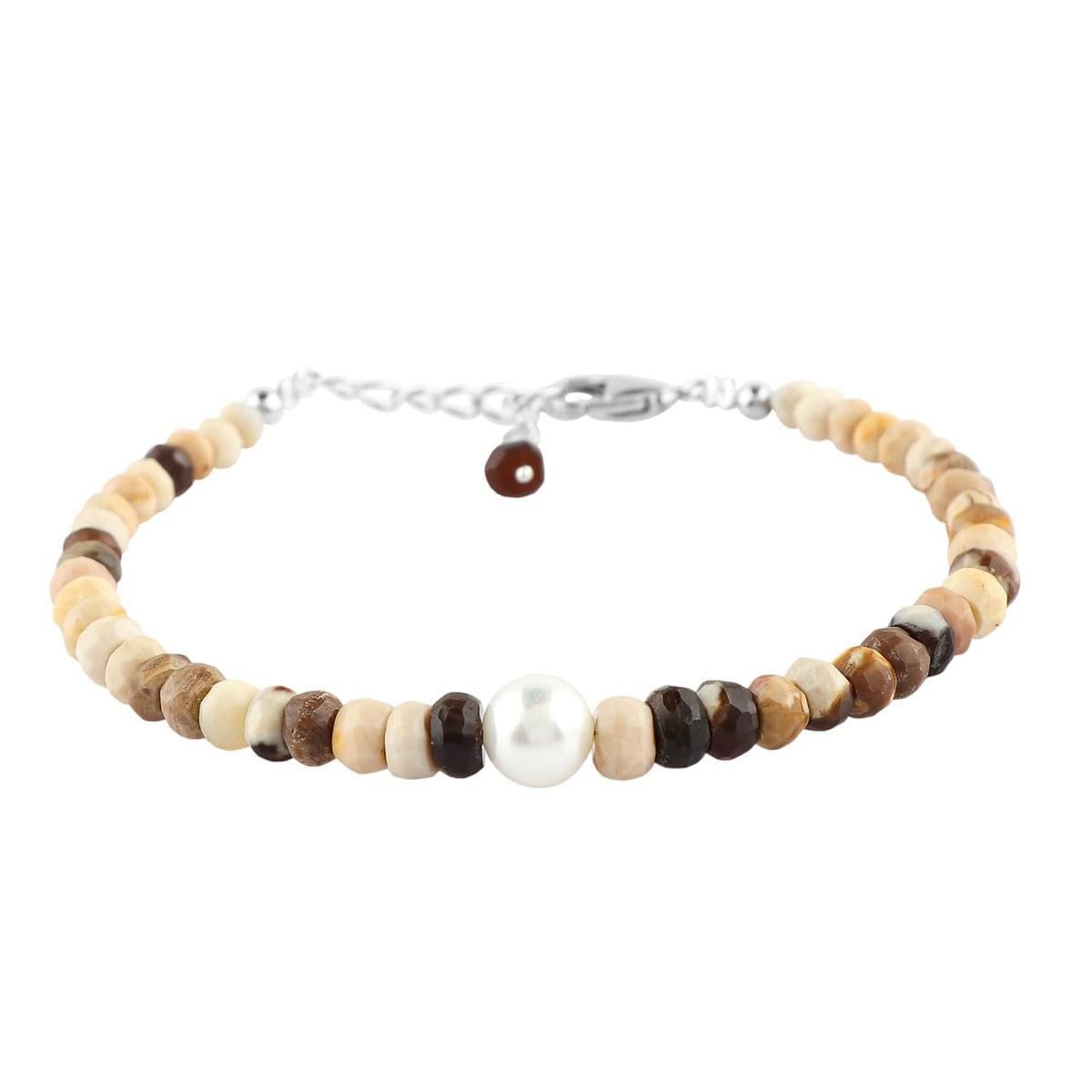 CRYSTALIS Natural Petrified Wood Jasper Beads Adjustable Bracelet with Elegant Pearl, High Grade Gemstones, Chakra Healing Stones, Gift Jewelry, 925 Sterling Silver Womens Bracelet 8 inch