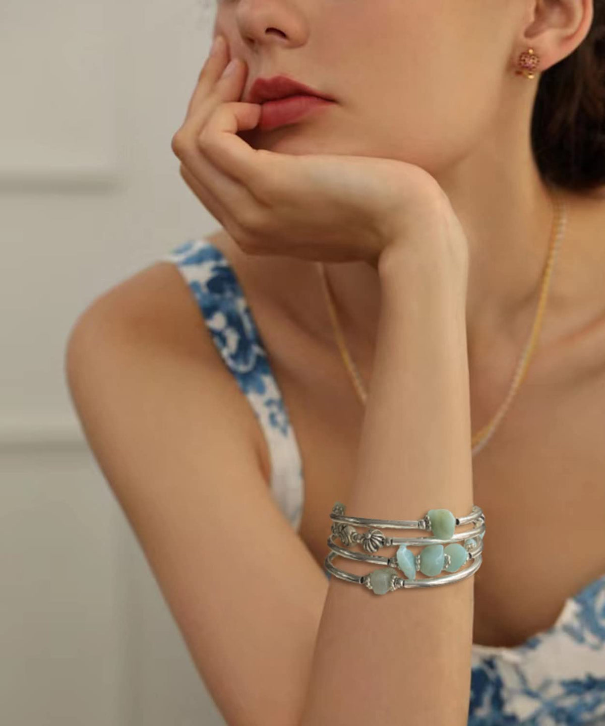 FULU AUTUMN Stone Silver Bangle Wrap Bracelet Boho Turquoise Crystal Chips Bead Bracelets Fashion Jewelry Birthday Gifts for Women(19-Green)