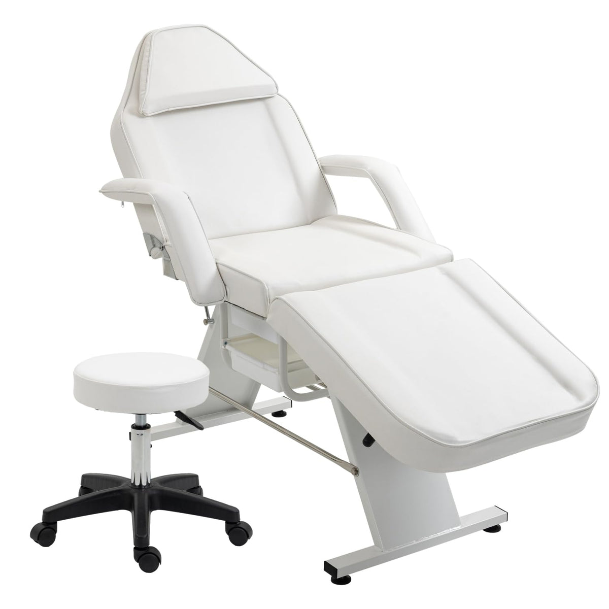 Geelife Massage Salon Tattoo Chair with Two Trays Esthetician Bed with Hydraulic Stool,Multi-Purpose 3-Section Facial Bed Table, Adjustable Beauty Barber Spa Beauty Equipment, White - Metal White -